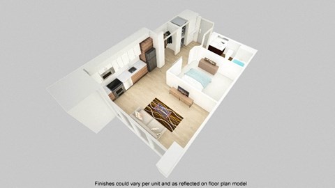 a floor plan of a small apartment with a bedroom and a bed